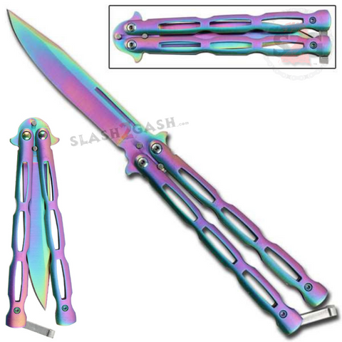 Chainlink Butterfly Knife w/ Cutouts Balisong - Titanium Rainbow