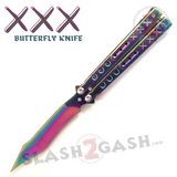 Rainbow Butterfly Knife SHARP Steel Balisong - XXX Recurve Blade Bat Wing