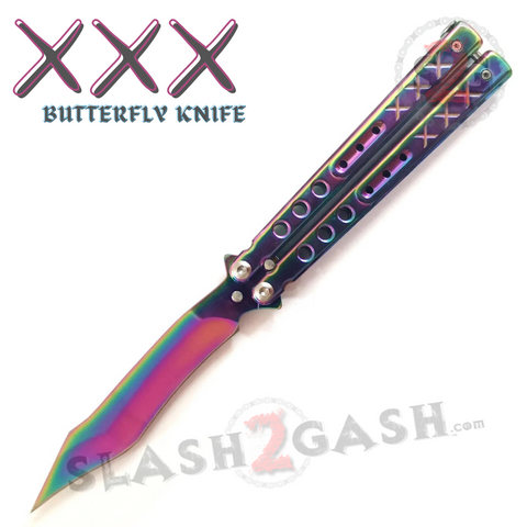 Rainbow Butterfly Knife SHARP Steel Balisong - XXX Recurve Blade Bat Wing