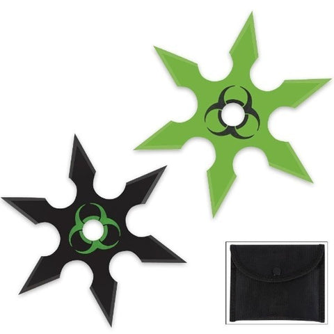 Biohazard Throwing Star Set Green & Black Zombie Shuriken 6 Point - 2PC Ninja Thrower