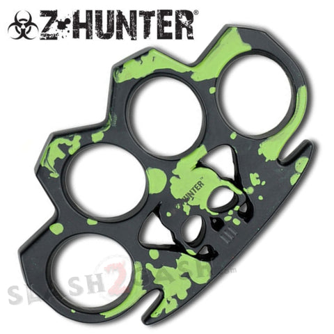 Z-Hunter Zombie Brass Knuckles Skull Paperweight - Black with Green Blood Splatter