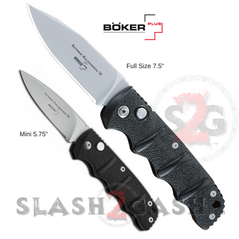 Boker Kalashnikov Mini Automatic Knife Small Switchblade - Black w/ Silver Drop Point Bead Blasted AK47 AK74