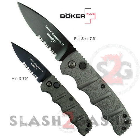 Boker Kalashnikov Mini Automatic Knife Small 73 Gun Metal Grey - AUS-8 Drop Point Serrated Switchblade AK47 AK74