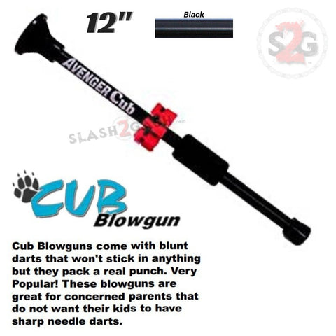 Cub 12" Blowgun .40 cal w/ SAFETY Stunner Darts - Black NO NEEDLES - Avenger Blowguns USA