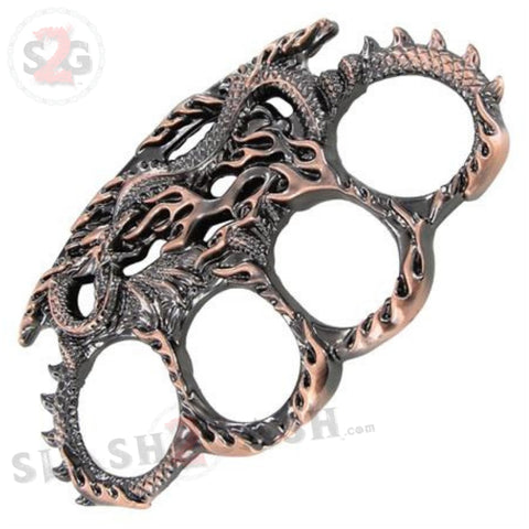 Enter the Dragon Flames Brass Knuckles Serpent Fantasy Paperweight - Antiqued Copper