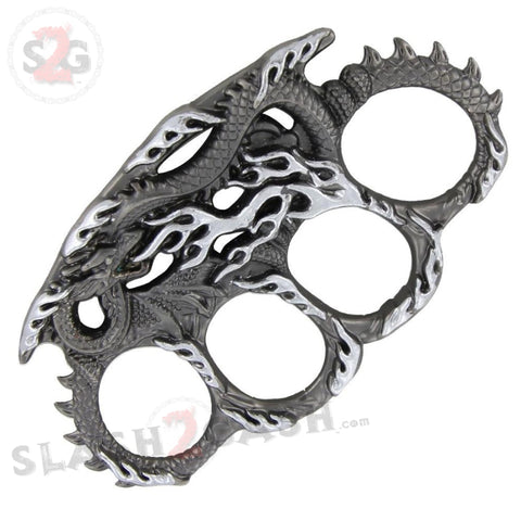 Enter the Dragon Flames Brass Knuckles Serpent Fantasy Paperweight - Metallic Grey White