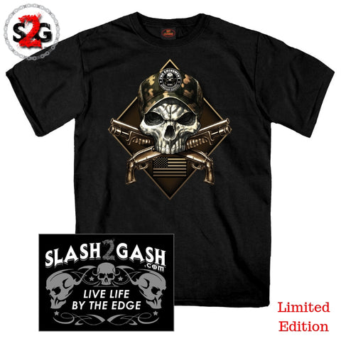 Hot Leathers 2nd Amendment Camo Skull T-Shirt Crossed Shotguns Custom slash2gash S2G Backprint