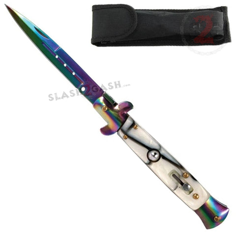 9" Italian Milano Stiletto Titanium Rainbow Classic Automatic Knife - White Marble Godfather Switchblade