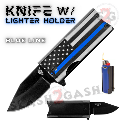 Spring Assist Pocket Knife Lighter Holder 2.625" - Blue Line