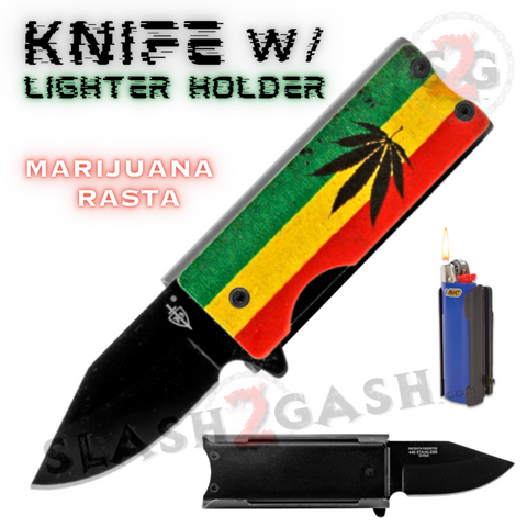 Spring Assist Pocket Knife Lighter Holder 2.625" - Marijuana Rasta
