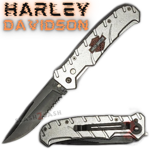 Harley Davidson Automatic Knife Small Switchblade w/ Safety Lock - Black Serrated Blade 8 Inch
