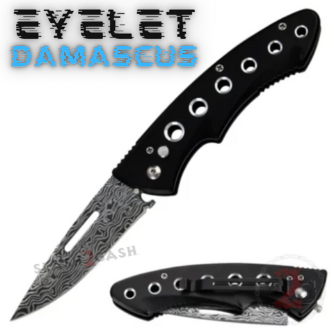 EYELET etched Damascus Automatic Knife w/ Safety Lock - Single Edge