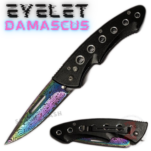 EYELET etched Damascus Auto Knife w/ Safety Lock - Single Edge Rainbow