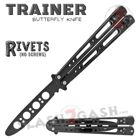 Black Balisong Trainer Practice Butterfly Knives Riveted Training Blade Safe Dull with Spring Latch Stainless Steel