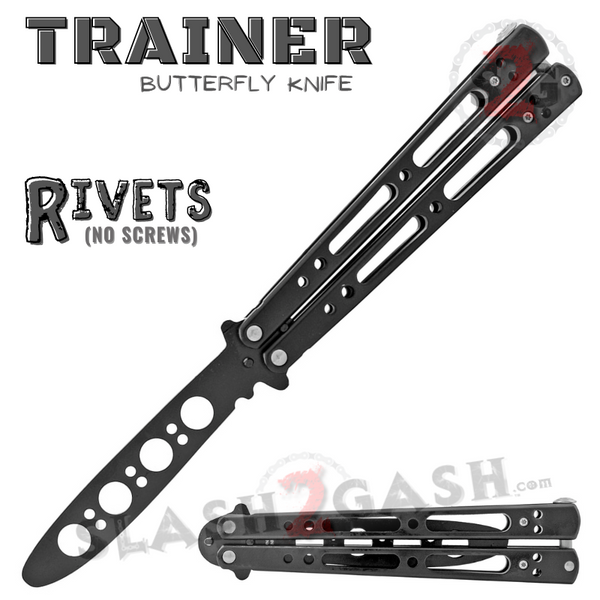 【 VTG】STAB TRAINER Black Trainer Butterfly Knife Steel Riveted Balisong w/ Spring