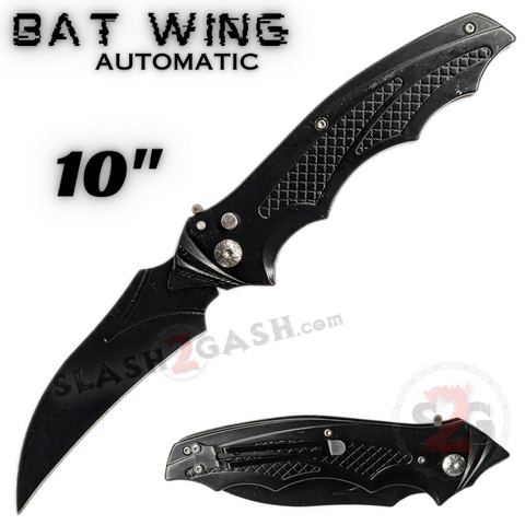 10" Auto Folding Pocket Knife Bat Wing Diamond Grip Hawkbill Blade - Black