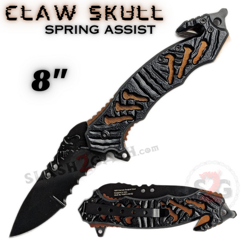 Claw Spring Assisted Rescue Knife w/ Cutouts 3D Skull - Burnt Orange