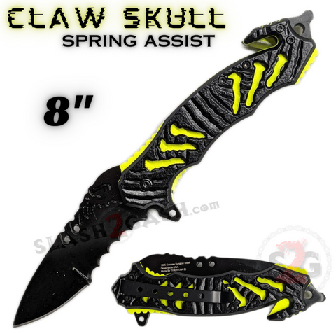 Claw Spring Assisted Rescue Knife w/ Cutouts 3D Skull - Neon Green