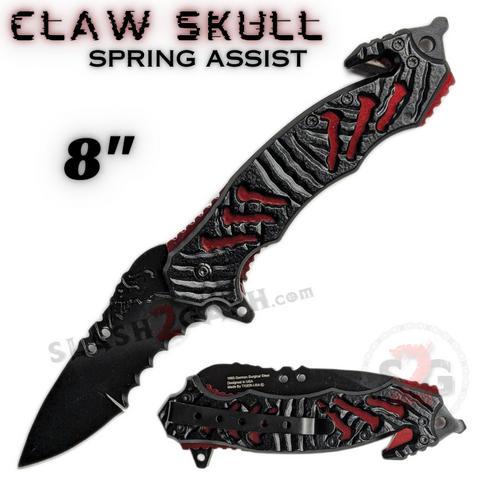 Claw Spring Assisted Rescue Knife w/ Cutouts 3D Skull - Blood Red