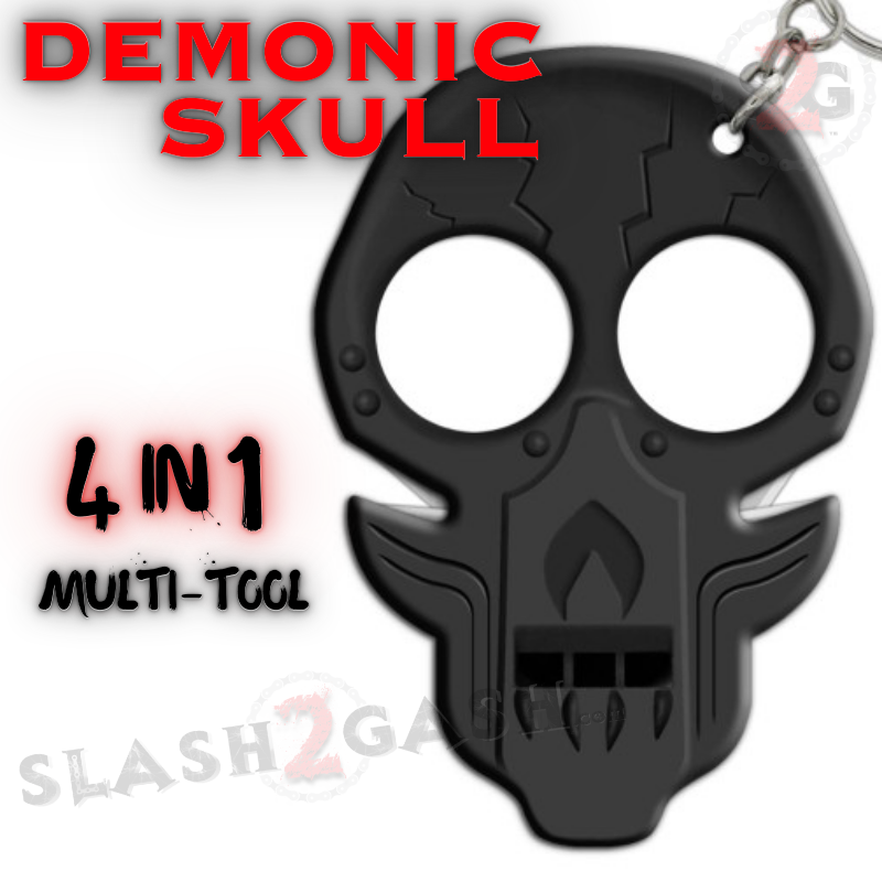 Demonc Key Chain Demonic Skull Self Defense 4-In-1 Multi-Tool Keychain Knuckles - Black ...
