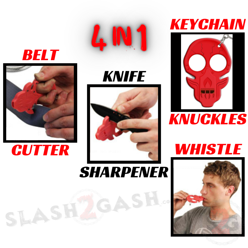 Demonic Skull Self Defense 4In1 MultiTool Keychain Knuckles Red Slash2Gash
