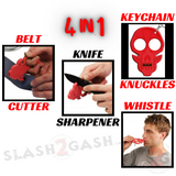 Self Defense Keychain Knuckles 4in1 Cutter Sharpener Whistle - Red Skull ABS Plastic Multi Tool