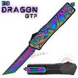 Rainbow Dragon Switchblade Knife OTF Etched Damascus Tanto Plain Titanium Rainbow Automatic Out The Front D/A Knives