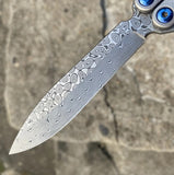 The One EX-10 clone Butterfly Knife Balisong Damascus w/ Carbon Fiber Gray/Silver Titanium Blue Screws