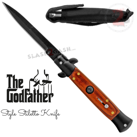 Black Blade Stiletto Switchblade Knife Automatic Classic Italian Style Godfather Knives - Rosewood Handle (BEST Spring)