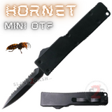 Black Switchblade Serrated Dagger Mini Out The Front Knife with Clip Small Automatic Knives Cali-Legal - Hornet Keychain