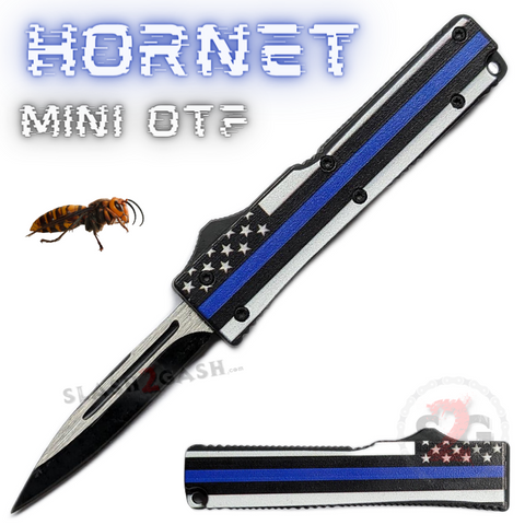 Key Chain Mini Out The Front Knife Single Edge Blade Thin Blue Line Cali Legal - Hornet We Support Our Police 
