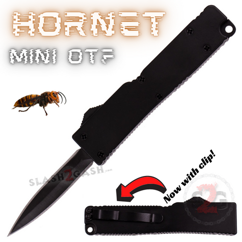 Black Switchblade Dagger Mini Out The Front Knife with Clip Small Automatic Knives Cali-Legal - Hornet Keychain