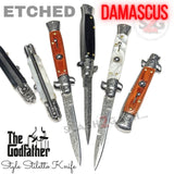 Godfather Switchblade Knife Italian Stiletto Damascus 9 Inch Automatic Black Wood White Marble Rosewood