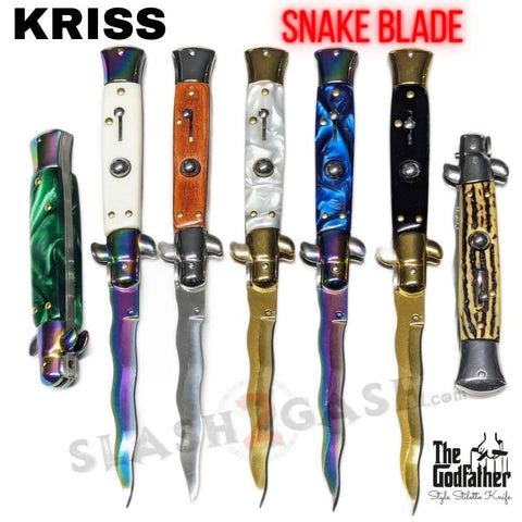 Godfather Stiletto Automatic Knife KRISS Switchblade - Snake Blade Wavy Gold Rainbow Silver