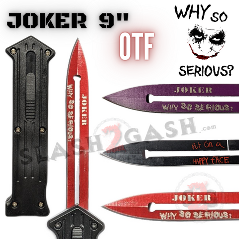 JOKER OTF Knife 9" Auto Switchblade Why So Serious Put On A Happy Face - Assorted colors