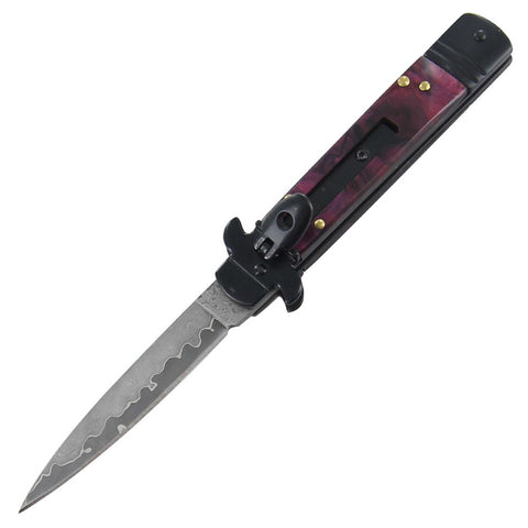 Leverletto Red Wine Marble Automatic Knife Damascus Switchblade - Lever Lock