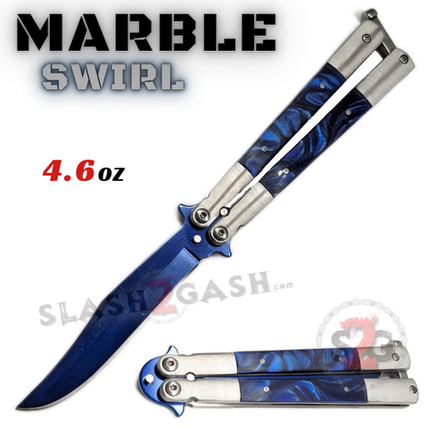 Marble Butterfly Knife Pearl Swirl Single Edge Balisong - Blue Bowie Sharp