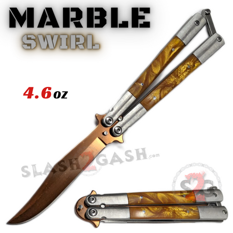 Marble Butterfly Knife Pearl Swirl Single Edge Balisong - Burnt Orange Bowie Sharp
