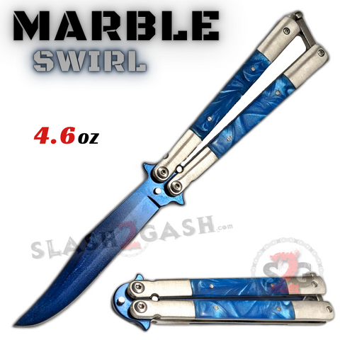 Marble Butterfly Knife Pearl Swirl Single Edge Balisong - Light Blue Bowie Sharp