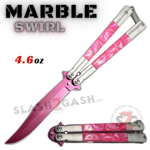 Marble Butterfly Knife Pearl Swirl Single Edge Balisong - Pink Bowie Sharp