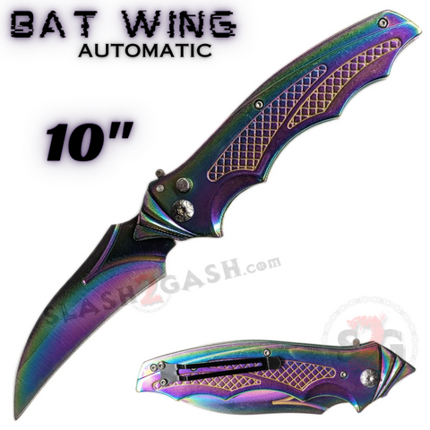 10" Auto Folding Pocket Knife Bat Wing Diamond Grip Hawkbill Blade - Rainbow/Titanium