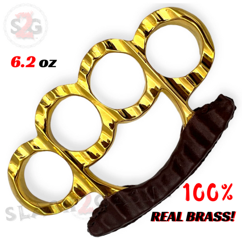 100% Real Brass Knuckles - 6.2 oz Solid Brass - Grooved w/ Leather
