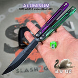 Cygnus Balisong clone S2G Purple Green Butterfly Knife Aluminum 7075 Black G10 slash2gash Titus Bowie