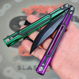 Cygnus Balisong clone S2G Purple Green Butterfly Knife Aluminum 7075 Black G10 slash2gash Titus Bowie