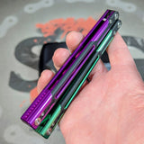Cygnus Balisong clone S2G Purple Green Butterfly Knife Aluminum 7075 Black G10 slash2gash Titus Bowie