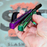 Cygnus Balisong clone S2G Purple Green Butterfly Knife Aluminum 7075 Black G10 slash2gash Titus Bowie