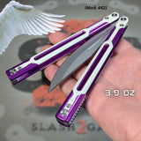 Purple Butterfly Knife S2G Cygnus Clone Balisong Aluminum White G10 slash2gash Titus Bowie Silver