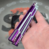 Purple Butterfly Knife S2G Cygnus Clone Balisong Aluminum White G10 slash2gash Titus Bowie Silver