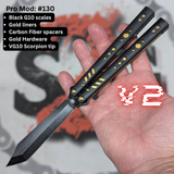 Rep clone butterfly knife S2G Franken Replicant balisong V2 Black Gold Channel Spacers 130