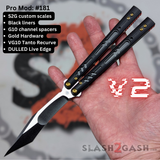 Replicant Butterfly Knife clone Titanium Balisong Black Red S2G G10 Channel Spacers Gold 181 Recurve